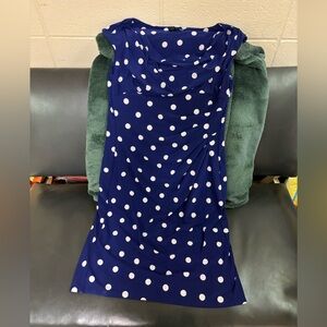 Lauren Ralph Lauren Dress Womens 14 Blue White Polka Dot Cowl Neck Ruched Sheath